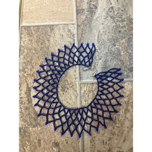 Statement Bib Necklace Blue Black Beaded Mesh Collar‎ Choker Clasp